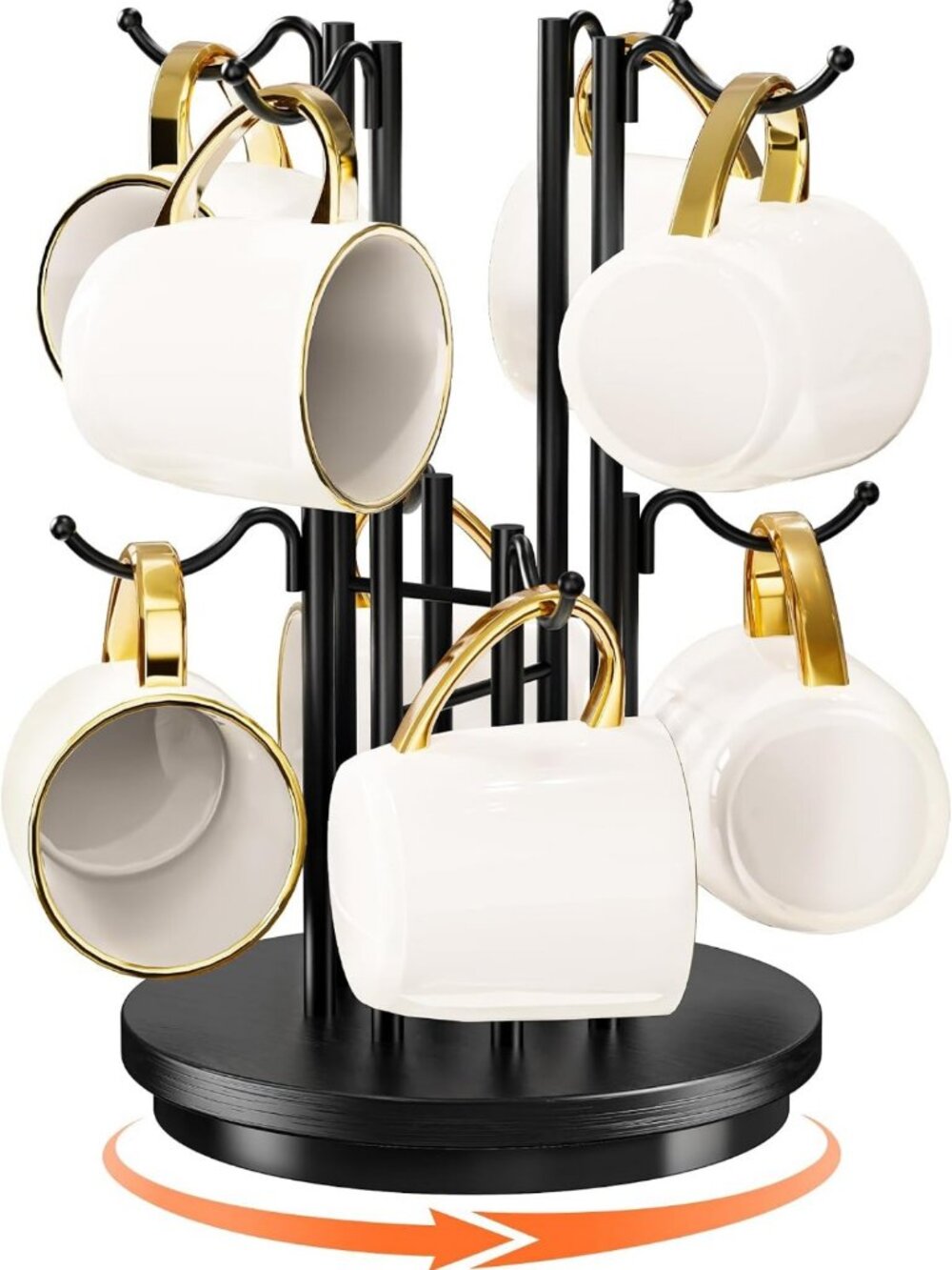 360° Rotating Coffee Mug Tree Stand with 8 Hooks - Stylish Wood Base, Black